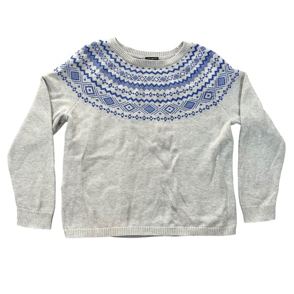 Talbots Sweaters - Talbots Petites Womens XL Gray Blue Fair Isle Cotton Blend Knit Pullover Sweater